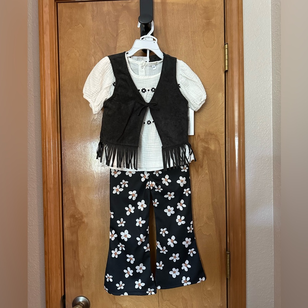 4 pc. Rachel Zoe Black Fringe Vest and Floral Pants Set